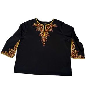 Bob Mackie Wearable Art Top Tunic Blouse Black with Gold and Red Embroid…